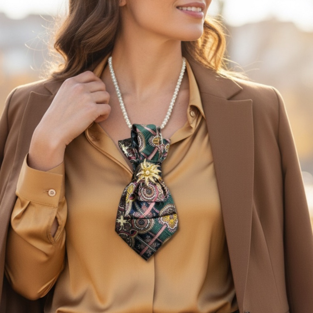 “Dainty Dapper”unique design necktie necklace with Floral brooch attached